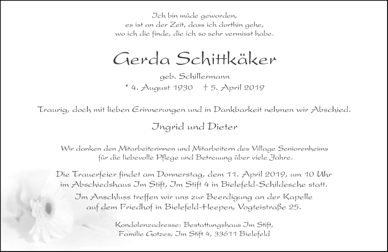  Traueranzeige für Gerda Schittkäker vom 09.04.2019 aus Neue Westfälische