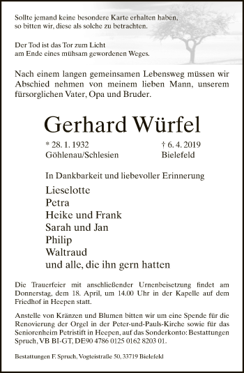 Traueranzeige von Gerhard Würfel von Neue Westfälische