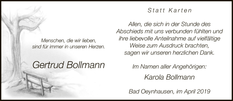  Traueranzeige für Gertrud Bollmann vom 06.04.2019 aus Neue Westfälische