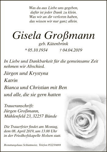 Traueranzeige von Gisela Großmann von Neue Westfälische