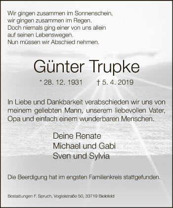 Traueranzeige von Günter Trupke von Neue Westfälische