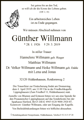 Traueranzeige von Günther Willmann von Neue Westfälische