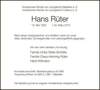 Traueranzeige von Hans Rüter von Neue Westfälische