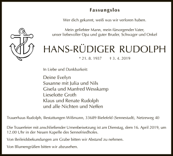 Traueranzeige von Hans Rüdiger Rudolph von Neue Westfälische