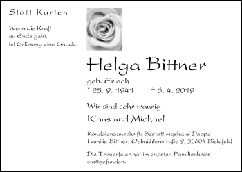 Traueranzeige von Helga Bittner von Neue Westfälische
