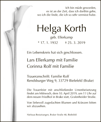 Traueranzeige von Helga Korth von Neue Westfälische