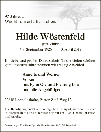 Traueranzeige von Hilde Wöstenfeld von Neue Westfälische