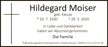 Traueranzeige von Hildegard Moiser von Neue Westfälische