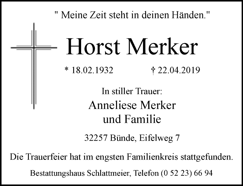  Traueranzeige für Horst Merker vom 27.04.2019 aus Neue Westfälische