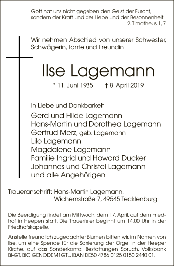 Traueranzeige von Ilse Lagemann von Neue Westfälische