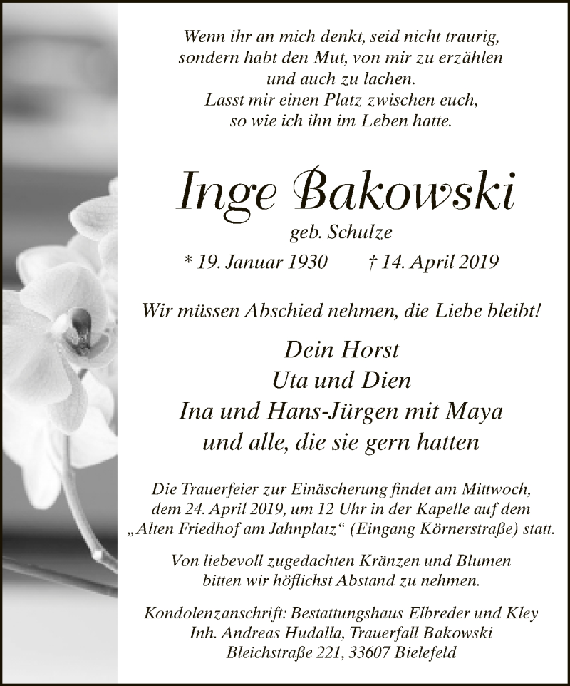  Traueranzeige für Inge Bakowski vom 17.04.2019 aus Neue Westfälische