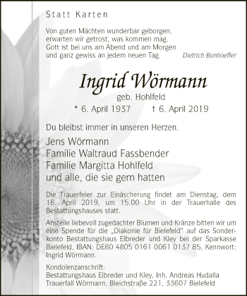 Traueranzeige von Ingrid Wörmann von Neue Westfälische