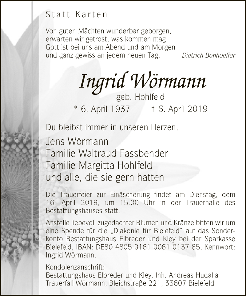  Traueranzeige für Ingrid Wörmann vom 13.04.2019 aus Neue Westfälische
