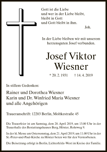 Traueranzeige von Josef Viktor Wiesner von Neue Westfälische