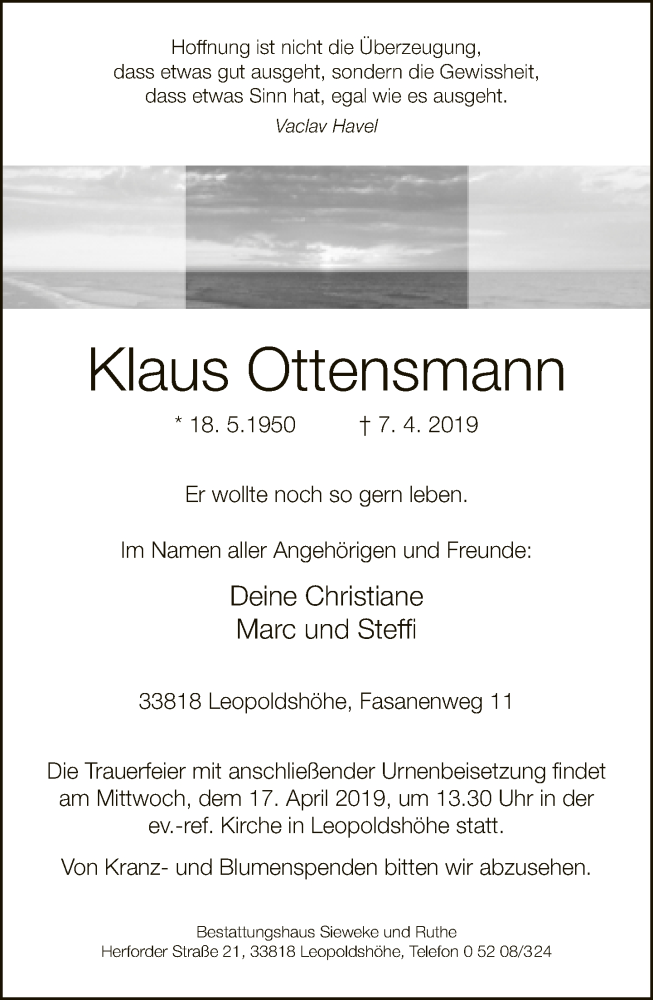  Traueranzeige für Klaus Ottensmann vom 13.04.2019 aus Neue Westfälische