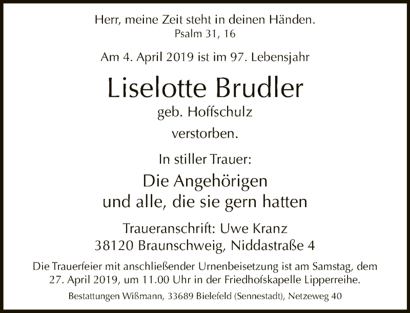  Traueranzeige für Liselotte Brudler vom 19.04.2019 aus Neue Westfälische