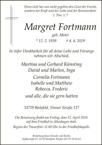 Traueranzeige von Margret Fortmann von Neue Westfälische