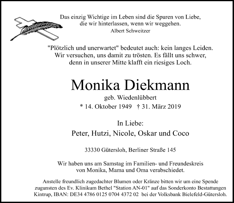  Traueranzeige für Monika Diekmann vom 08.04.2019 aus Neue Westfälische