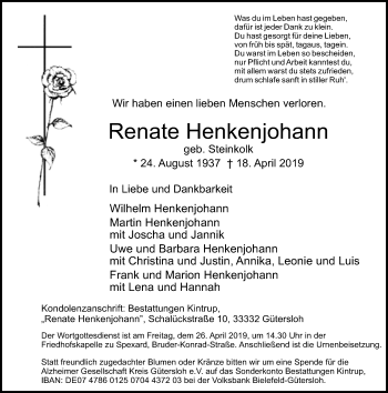 Traueranzeige von Renate Henkenjohann von Neue Westfälische
