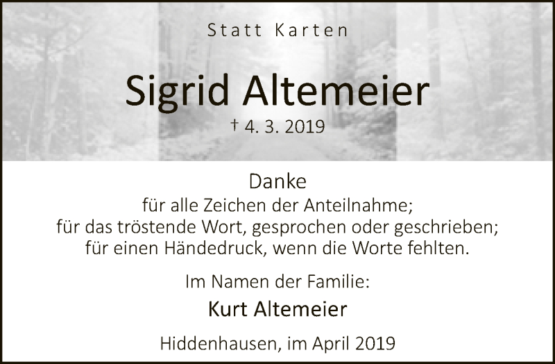 Traueranzeige für Sigrid Altemeier vom 06.04.2019 aus Neue Westfälische