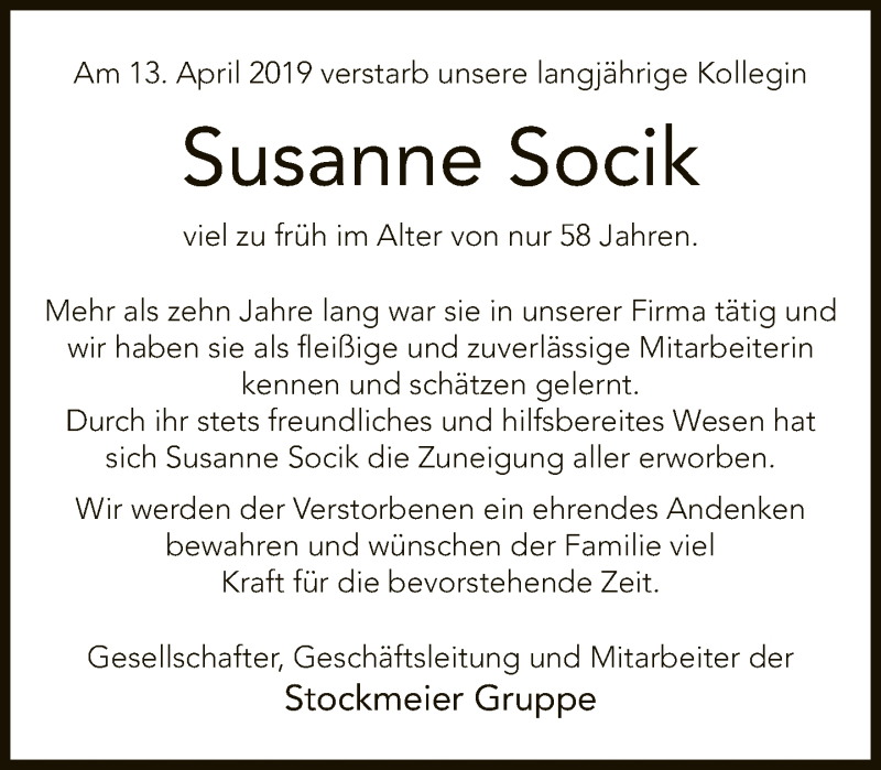  Traueranzeige für Susanne Socik vom 19.04.2019 aus Neue Westfälische