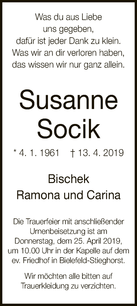  Traueranzeige für Susanne Socik vom 19.04.2019 aus Neue Westfälische