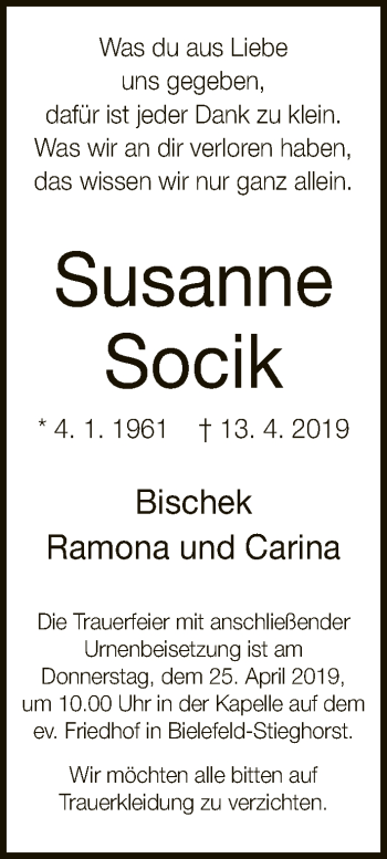 Traueranzeige von Susanne Socik von Neue Westfälische