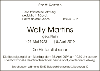 Traueranzeige von Wally Martins von Neue Westfälische