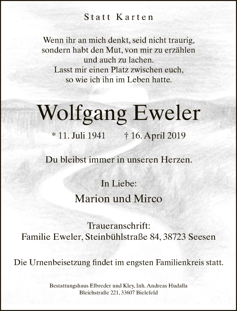  Traueranzeige für Wolfgang Eweler vom 27.04.2019 aus Neue Westfälische