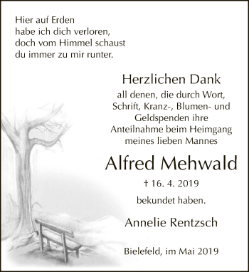 Traueranzeige von Alfred Mehwald von Neue Westfälische
