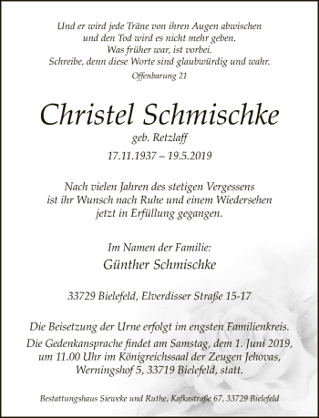 Traueranzeige von Christel Schmischke von Neue Westfälische