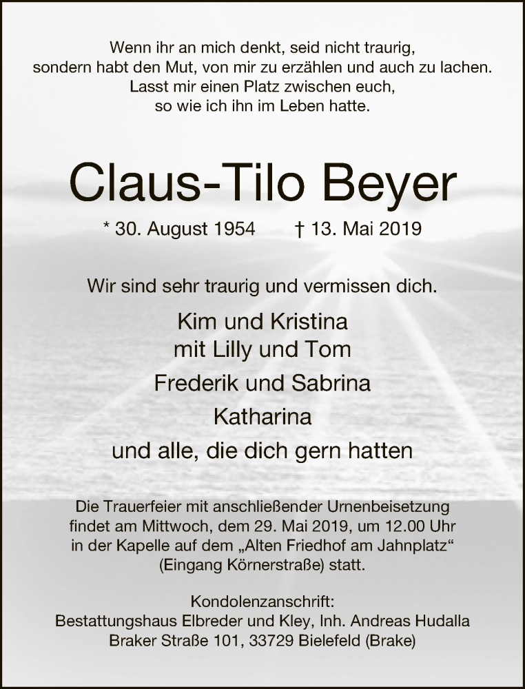  Traueranzeige für Claus-Tilo Beyer vom 18.05.2019 aus Neue Westfälische