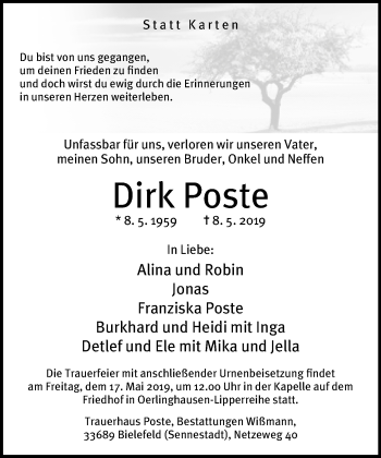 Traueranzeige von Dirk Poste von Neue Westfälische