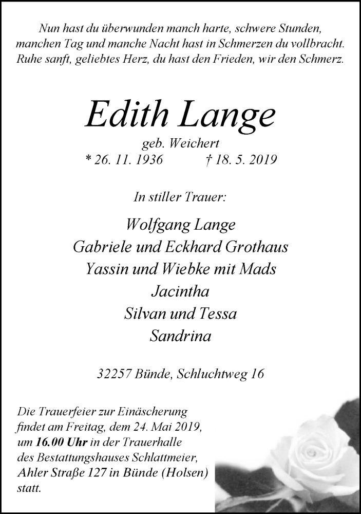  Traueranzeige für Edith Lange vom 21.05.2019 aus Neue Westfälische