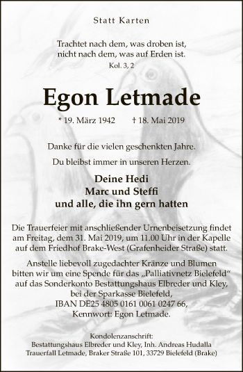Traueranzeige von Egon Letmade von Neue Westfälische
