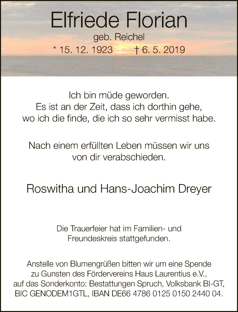  Traueranzeige für Elfriede Florian vom 18.05.2019 aus Neue Westfälische