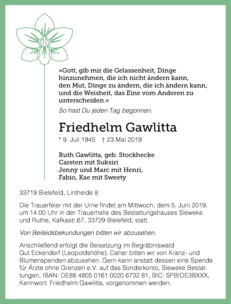  Traueranzeige für Friedhelm Gawlitta vom 29.05.2019 aus Neue Westfälische