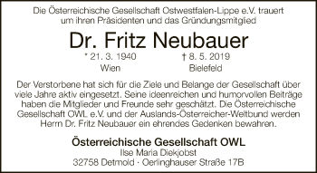 Traueranzeige von Fritz Neubauer von Neue Westfälische