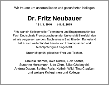 Traueranzeige von Fritz Neubauer von Neue Westfälische