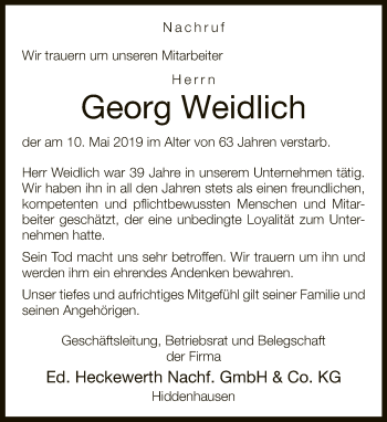 Traueranzeige von Georg Weidlich von Neue Westfälische