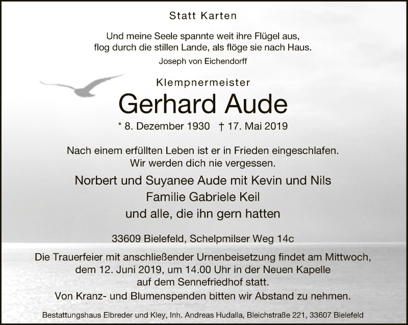  Traueranzeige für Gerhard Aude vom 25.05.2019 aus Neue Westfälische