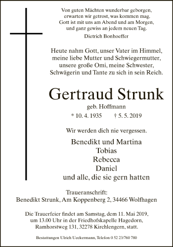 Traueranzeige von Gertraud Strunk von Neue Westfälische