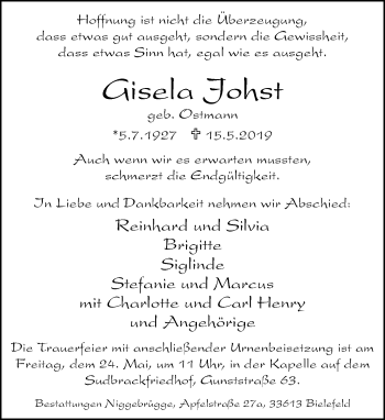 Traueranzeige von Gisela Johst von Neue Westfälische