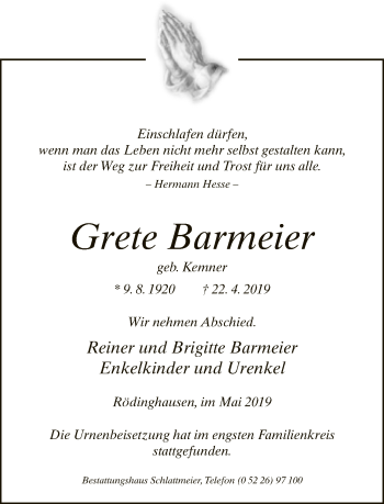 Traueranzeige von Grete Barmeier von Neue Westfälische