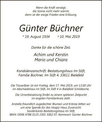 Traueranzeige von Günter Büchner von Neue Westfälische
