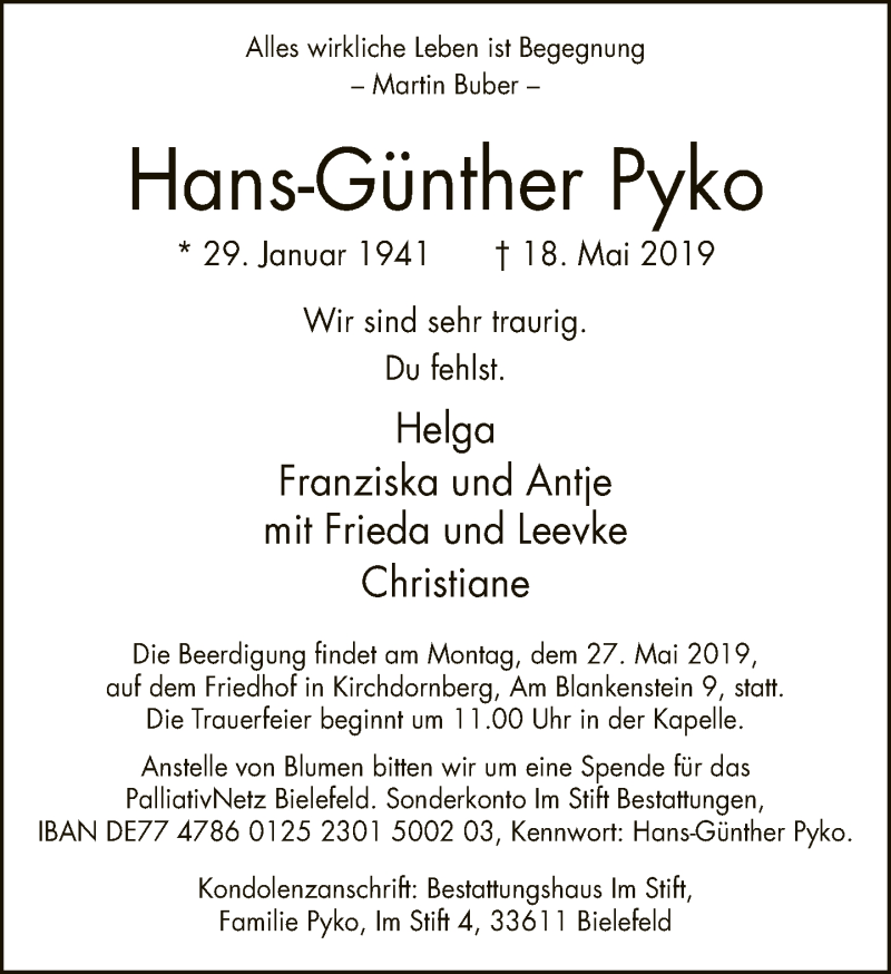  Traueranzeige für Hans-Günther Pyko vom 22.05.2019 aus Neue Westfälische