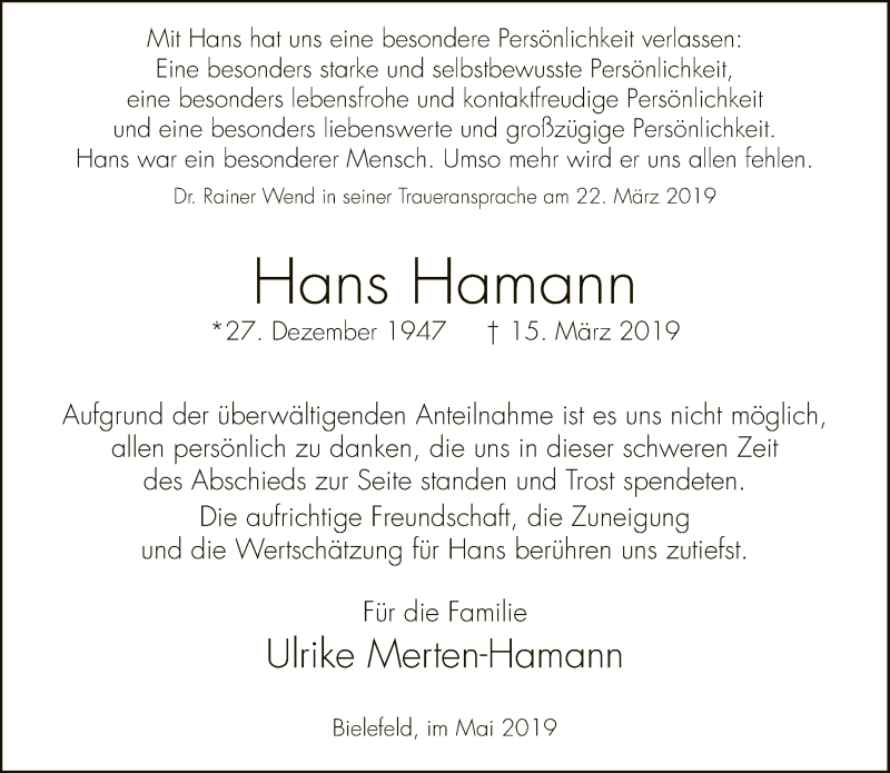  Traueranzeige für Hans Hamann vom 01.05.2019 aus Neue Westfälische