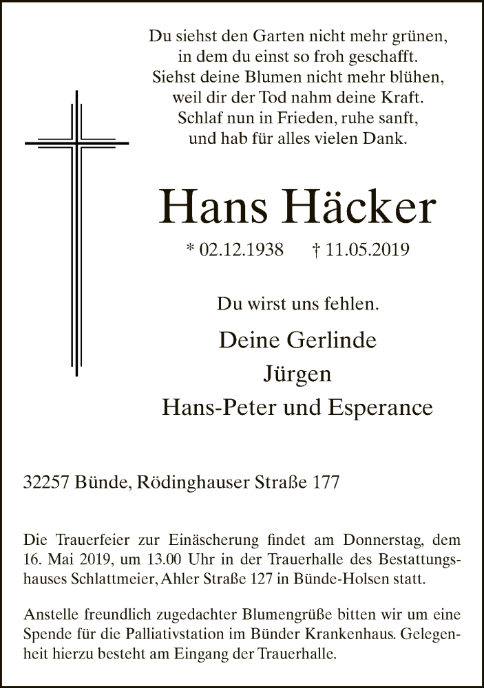  Traueranzeige für Hans Häcker vom 14.05.2019 aus Neue Westfälische