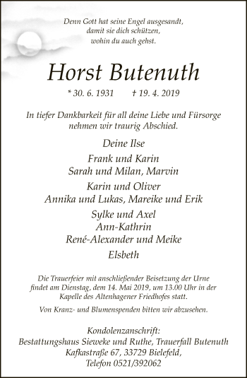 Traueranzeige von Horst Butenuth von Neue Westfälische