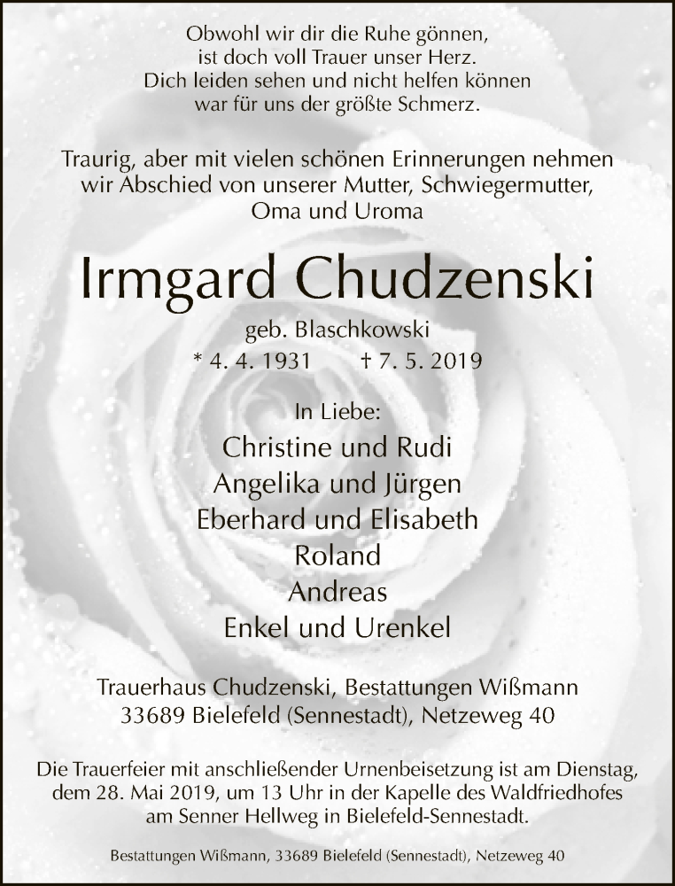  Traueranzeige für Irmgard Chudzenski vom 11.05.2019 aus Neue Westfälische